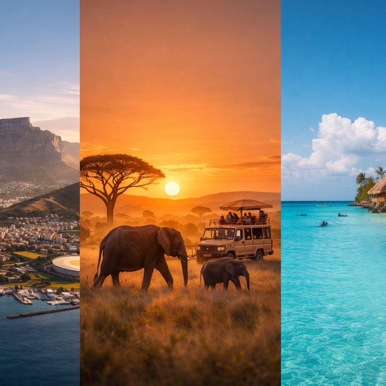 Best places to visit in Africa for first timers including Cape Town, Serengeti safari, and Zanzibar beaches