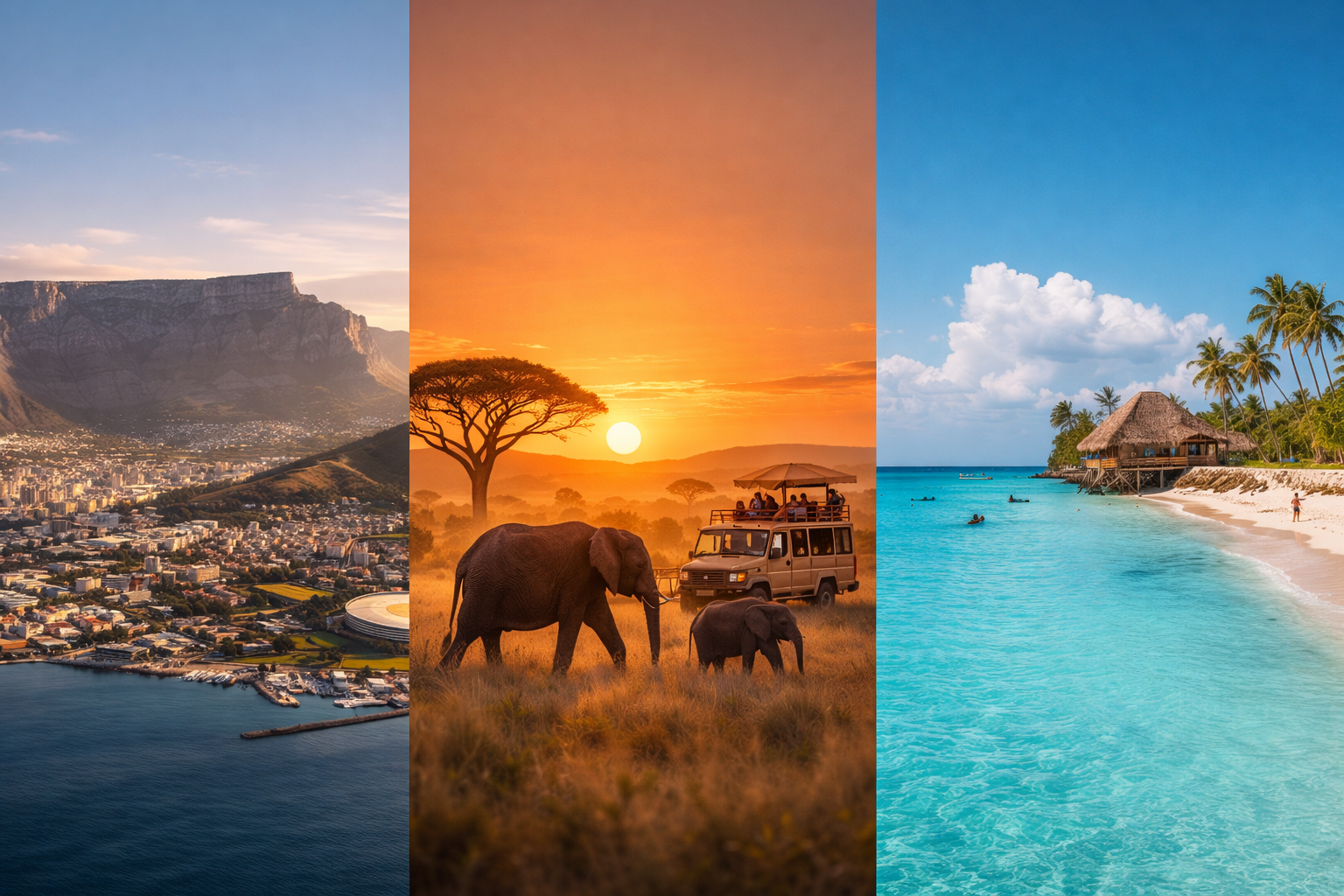 Best places to visit in Africa for first timers including Cape Town, Serengeti safari, and Zanzibar beaches