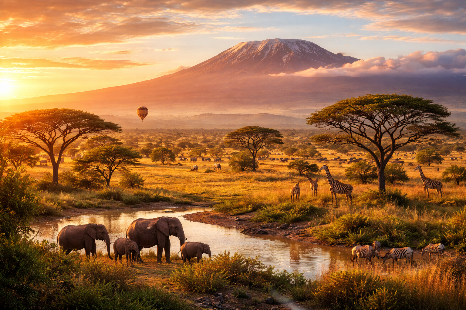 Panoramic view of Mount Kilimanjaro rising above the Serengeti plains at sunrise, showcasing Africa’s diverse natural beauty
