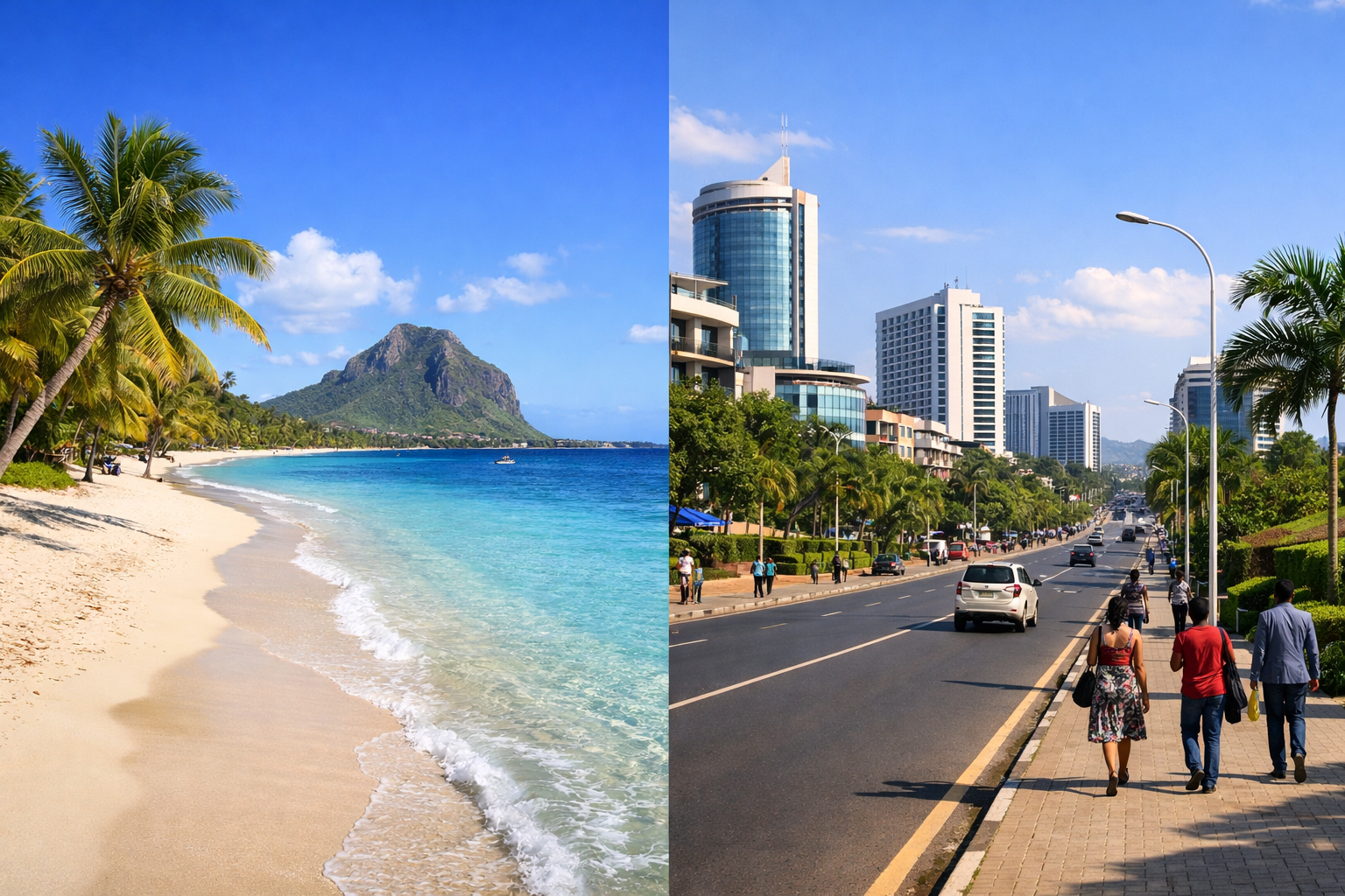 Clean streets in Kigali Rwanda and pristine coastline in Mauritius showing the safest and cleanest countries in Africa in 2024
