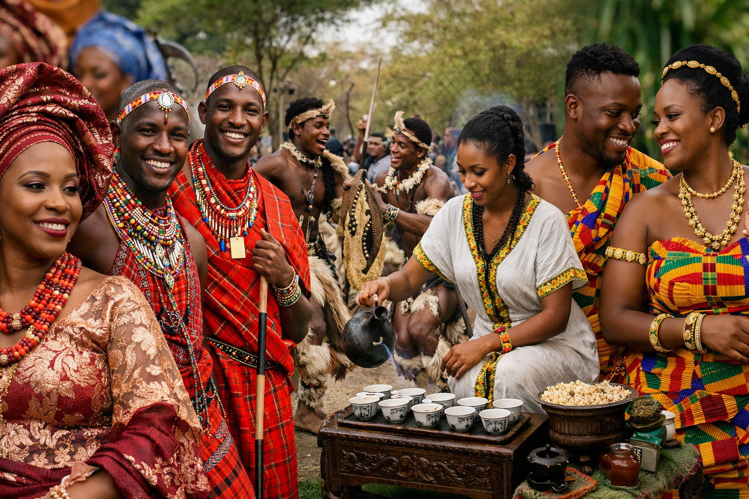 Traditional African cultures including Yoruba festival attire, Maasai beadwork, Zulu dancers, Ethiopian coffee ceremony, and Ghanaian Kente cloth representing diverse and popular African traditions.