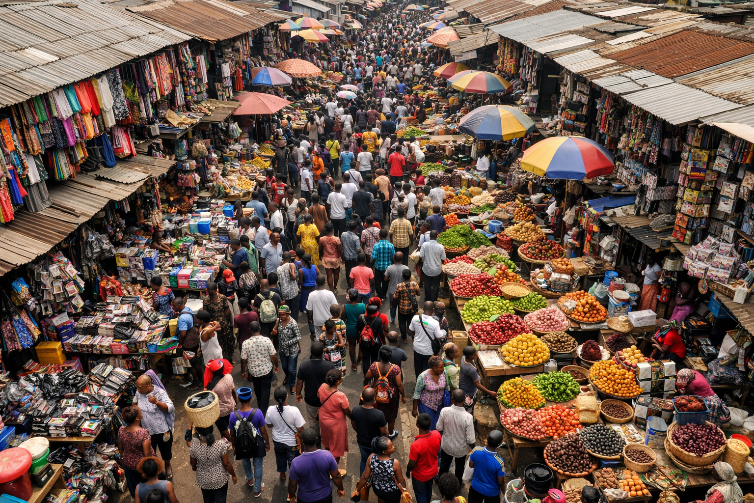 Aerial view of Onitsha Main Market in Nigeria showing thousands of traders and crowded stalls, one of the largest markets in Africa.