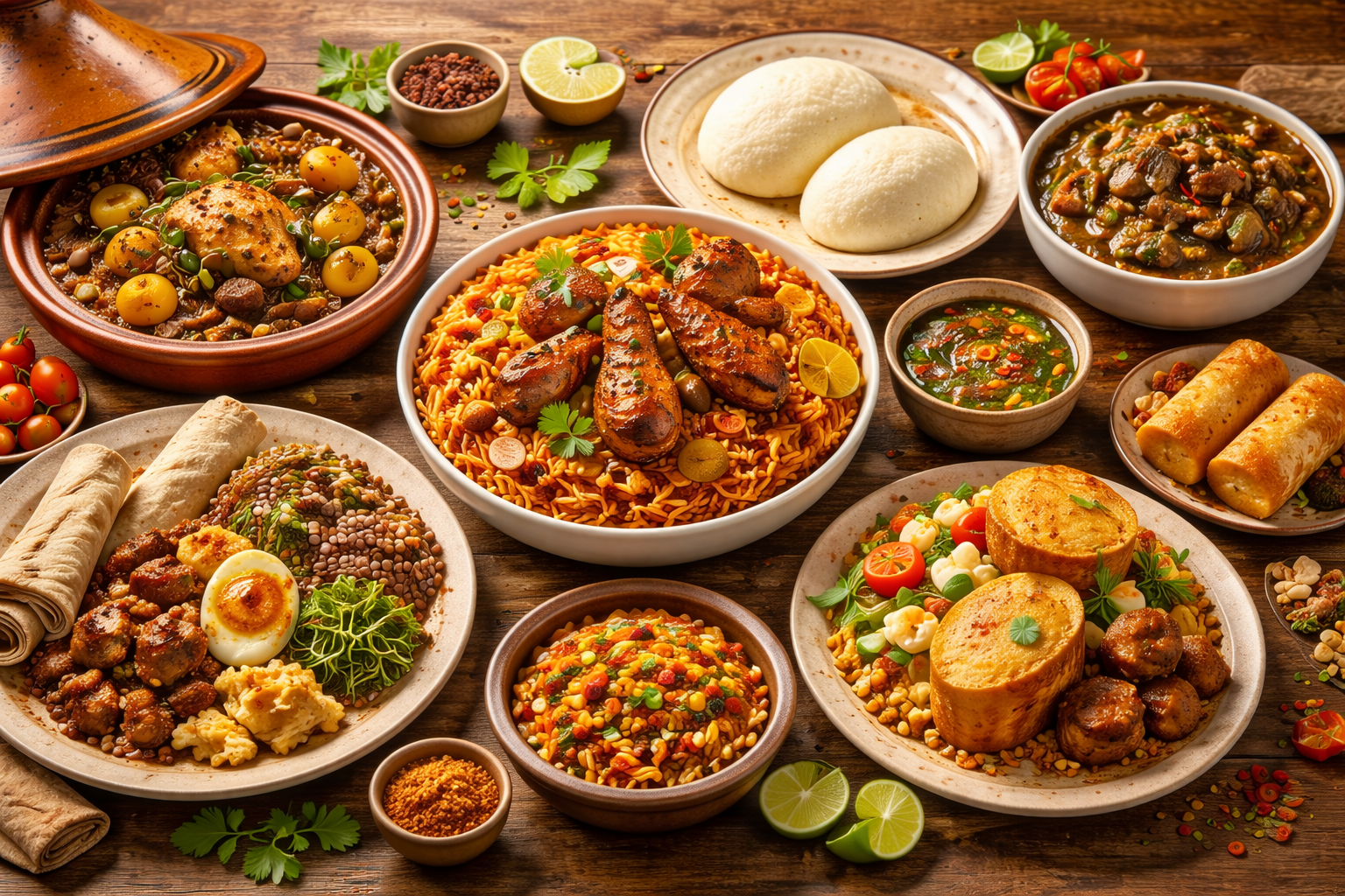Traditional African meals displayed on a wooden table including Jollof rice, fufu with soup, injera with wat, tagine, sadza, moi moi, and chakalaka, representing West, East, North, and Southern African cuisine.