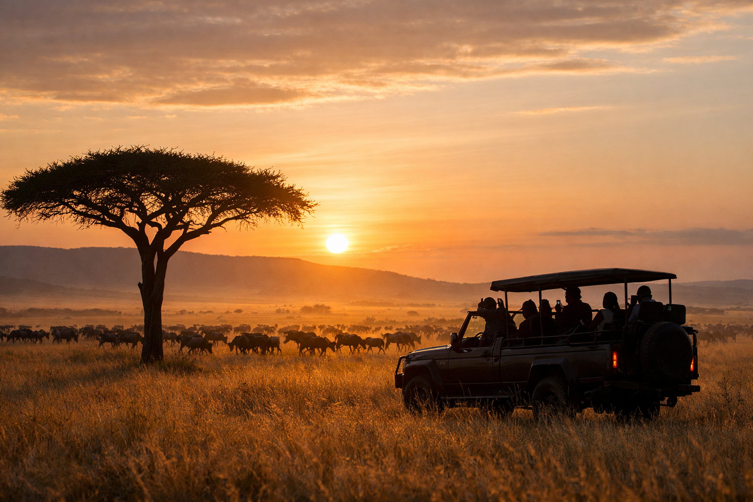 Wildebeest migration at sunrise in Kenya’s Maasai Mara National Reserve with safari tourists observing wildlife