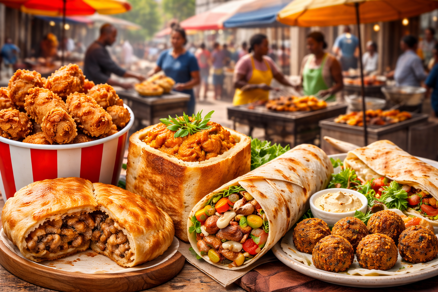 Fried chicken and popular African street foods including bunny chow, shawarma, meat pies, and falafel sold in busy urban markets across Africa.