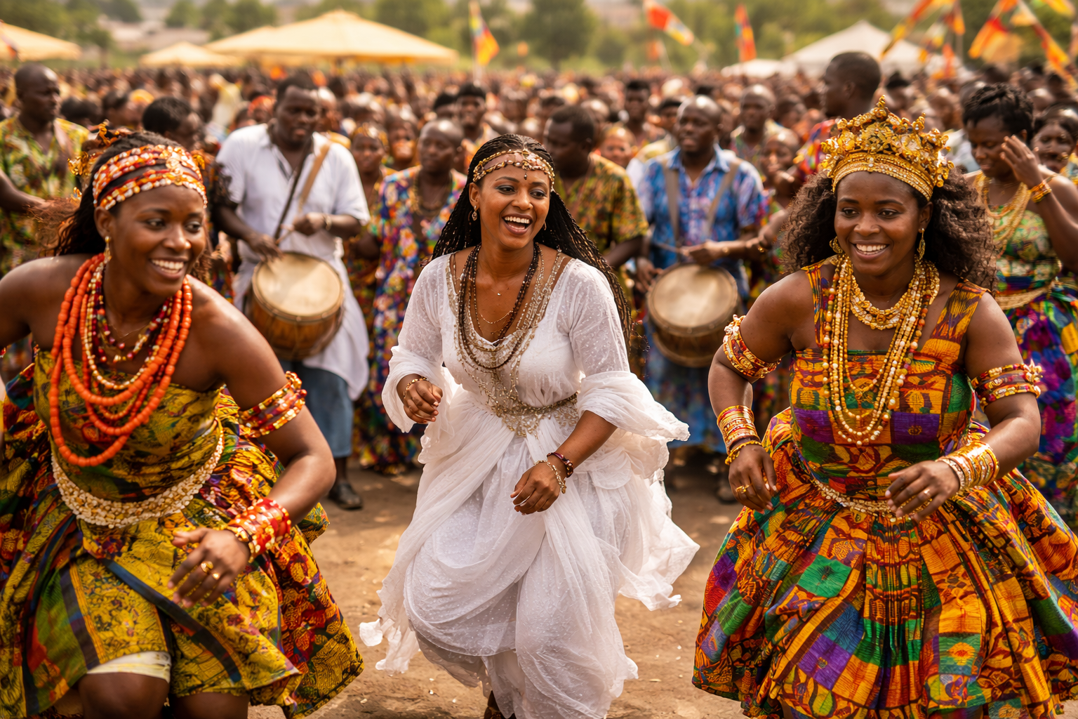 Colorful African cultural festival with traditional dancers, ceremonial attire, and vibrant crowd celebration in Ethiopia, Nigeria, and Ghana.