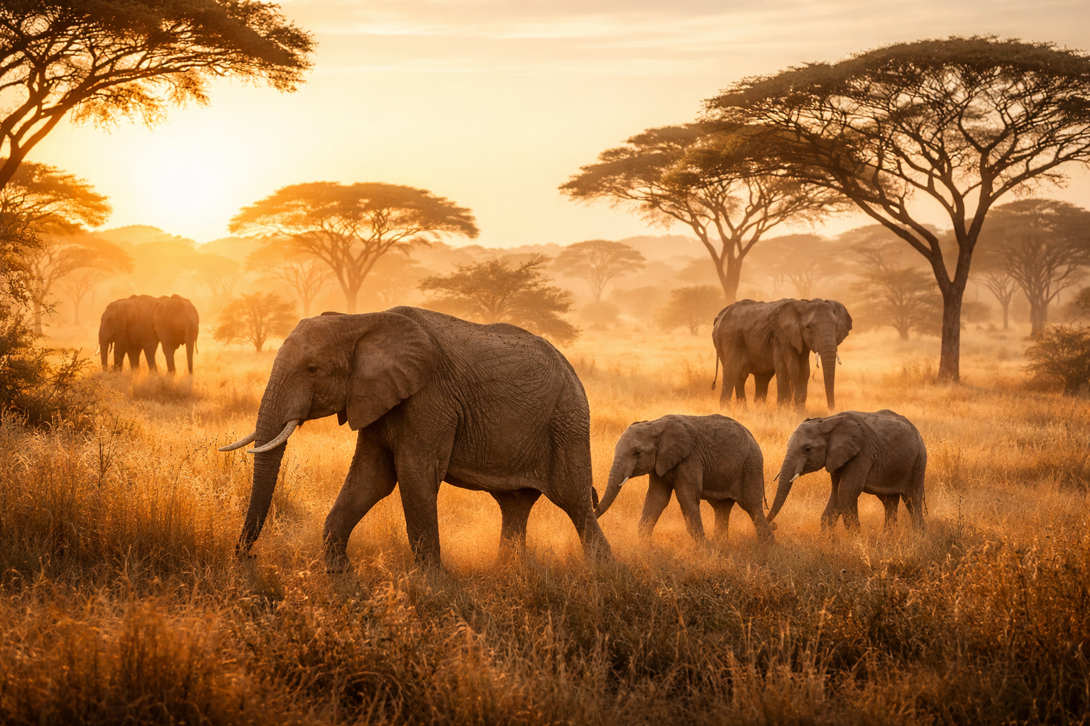 Elephants walking at sunrise on an African safari in Maasai Mara, Kenya, with acacia trees and golden savanna landscape.
