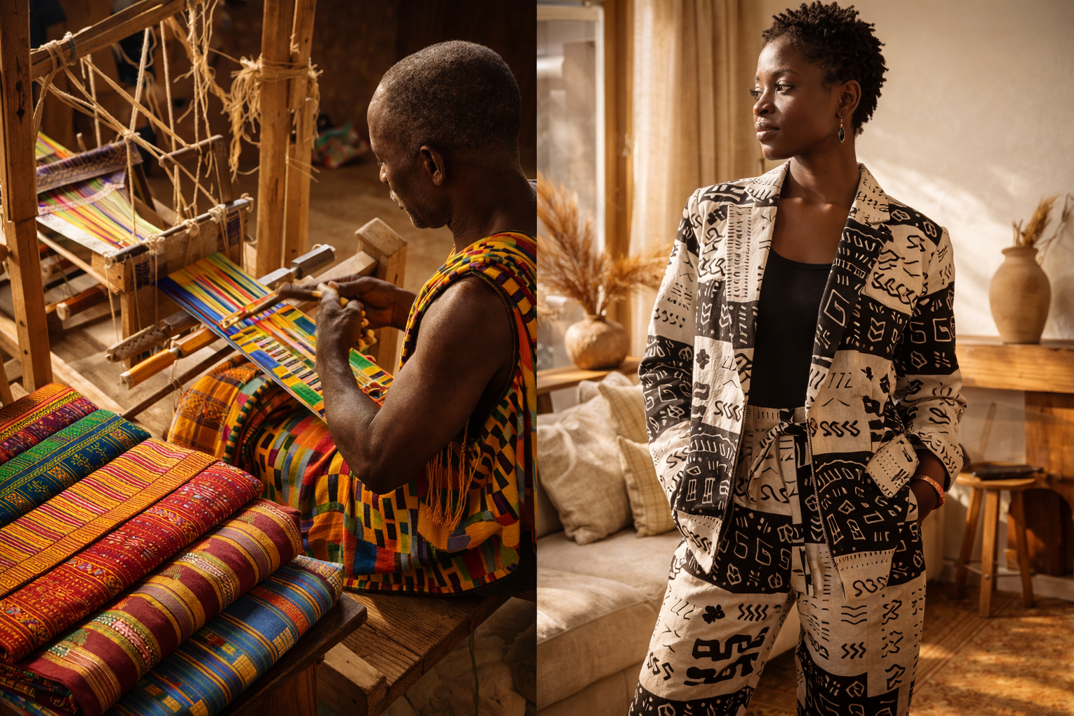 Ghanaian artisan weaving traditional Kente cloth on loom alongside Aso Oke and Mudcloth fabrics representing African textile heritage