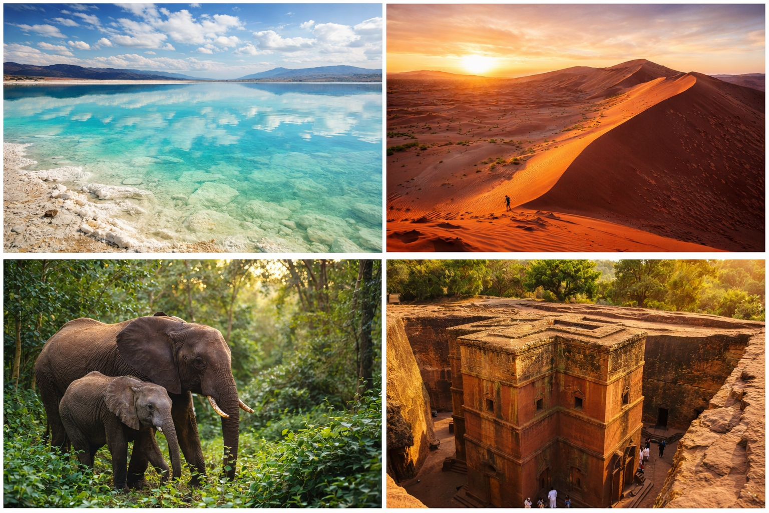 Hidden Gems in Africa: Lake Assal salt flats, Sossusvlei red dunes, Loango National Park wildlife, and Lalibela rock-hewn churches