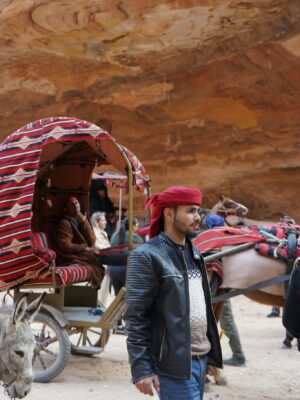 Traditional bedouin carriage in a desert landscape with rocky formations.