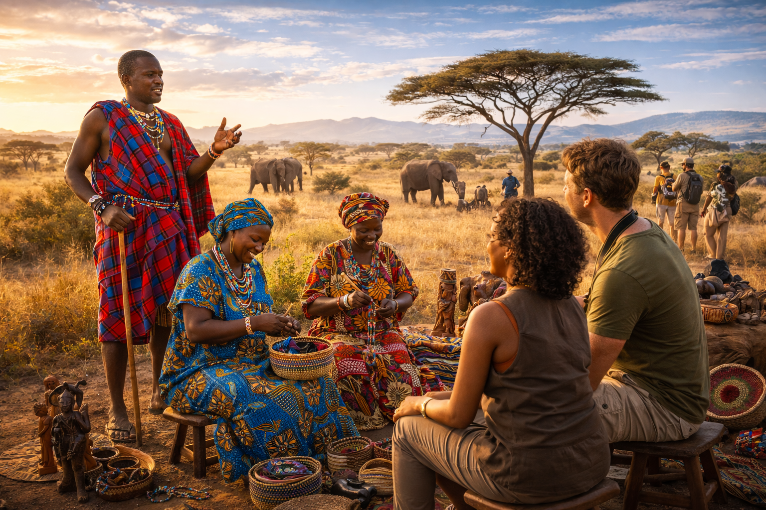 Travelers participating in community-based cultural tourism in Africa with local Maasai guides and wildlife conservancy landscape.