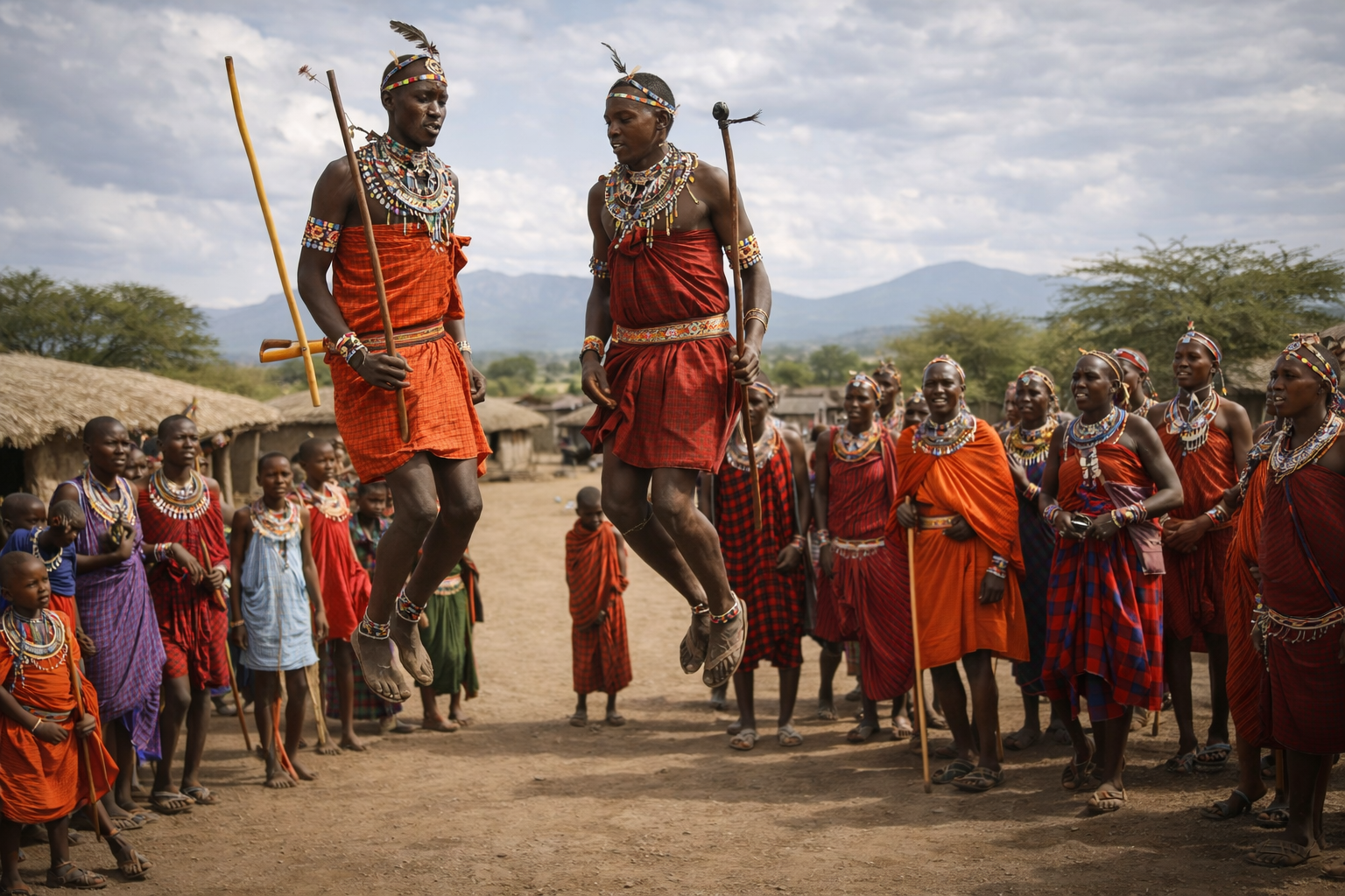 Maasai warriors performing the traditional Adumu jumping dance in a Maasai village near the Maasai Mara National Reserve in Kenya