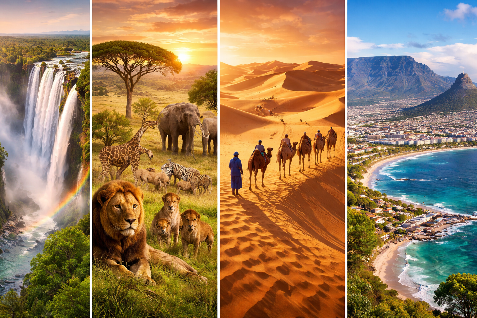 Scenic collage of Africa’s top travel destinations including Victoria Falls, Serengeti wildlife, Sahara Desert dunes, and Table Mountain in Cape Town.