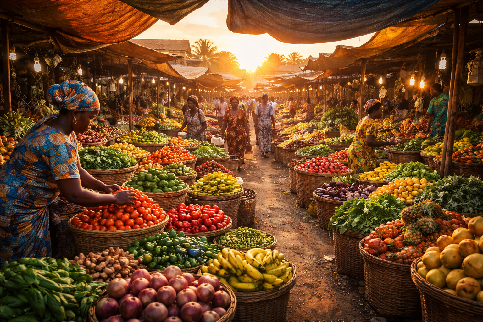 Vendors arranging fresh fruits and vegetables at sunrise inside a busy African open-air market with colorful stalls and shoppers walking between aisles