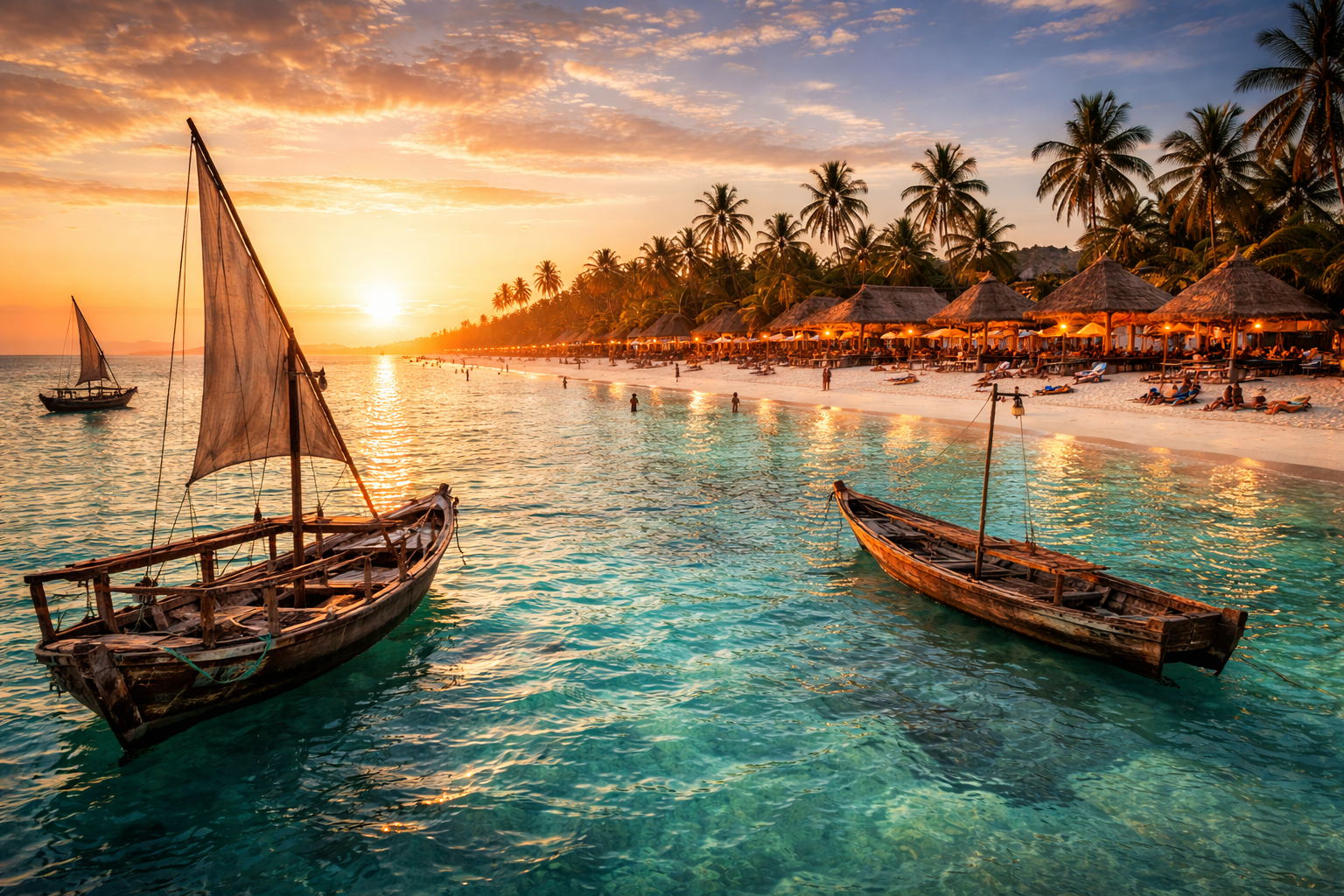 Traditional dhow boats at sunset on Nungwi Beach in Zanzibar, Tanzania, with turquoise Indian Ocean waters and white sand shoreline.