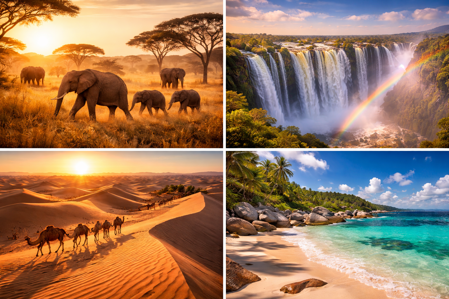 Elephants on safari in East Africa, Victoria Falls waterfall, Moroccan Sahara desert dunes, and Seychelles beach representing the best time to visit Africa by region