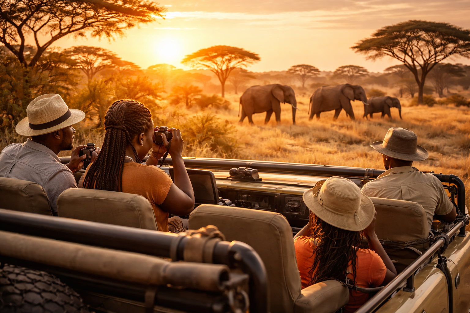 Tourists on guided safari in Botswana with elephants in the distance under African sunset sky, illustrating travel safety and wildlife tourism in Africa
