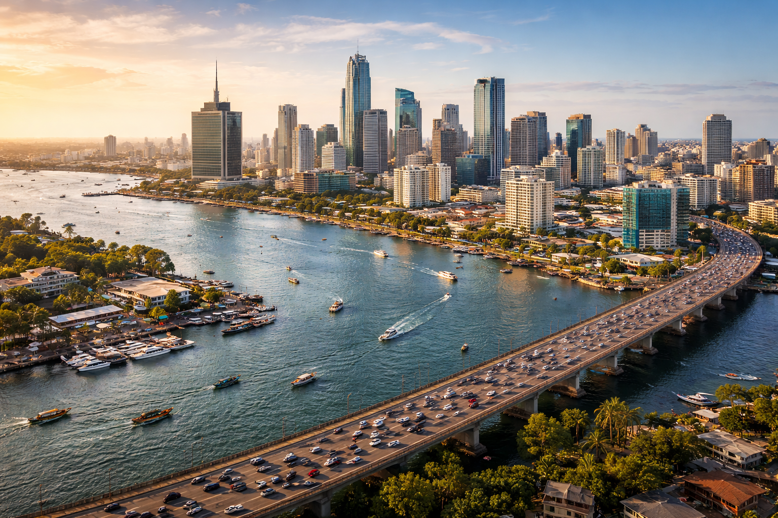 Skyline of Lagos Nigeria showing Victoria Island, Lagos Lagoon, and Third Mainland Bridge in Africa’s largest coastal mega city